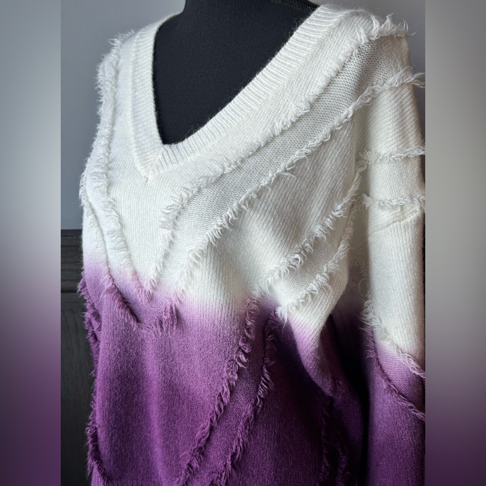 Sweet Lovely by Jen  Purple and Cream V-Neck boho fringe Sweater S/M - Picture 5 of 8